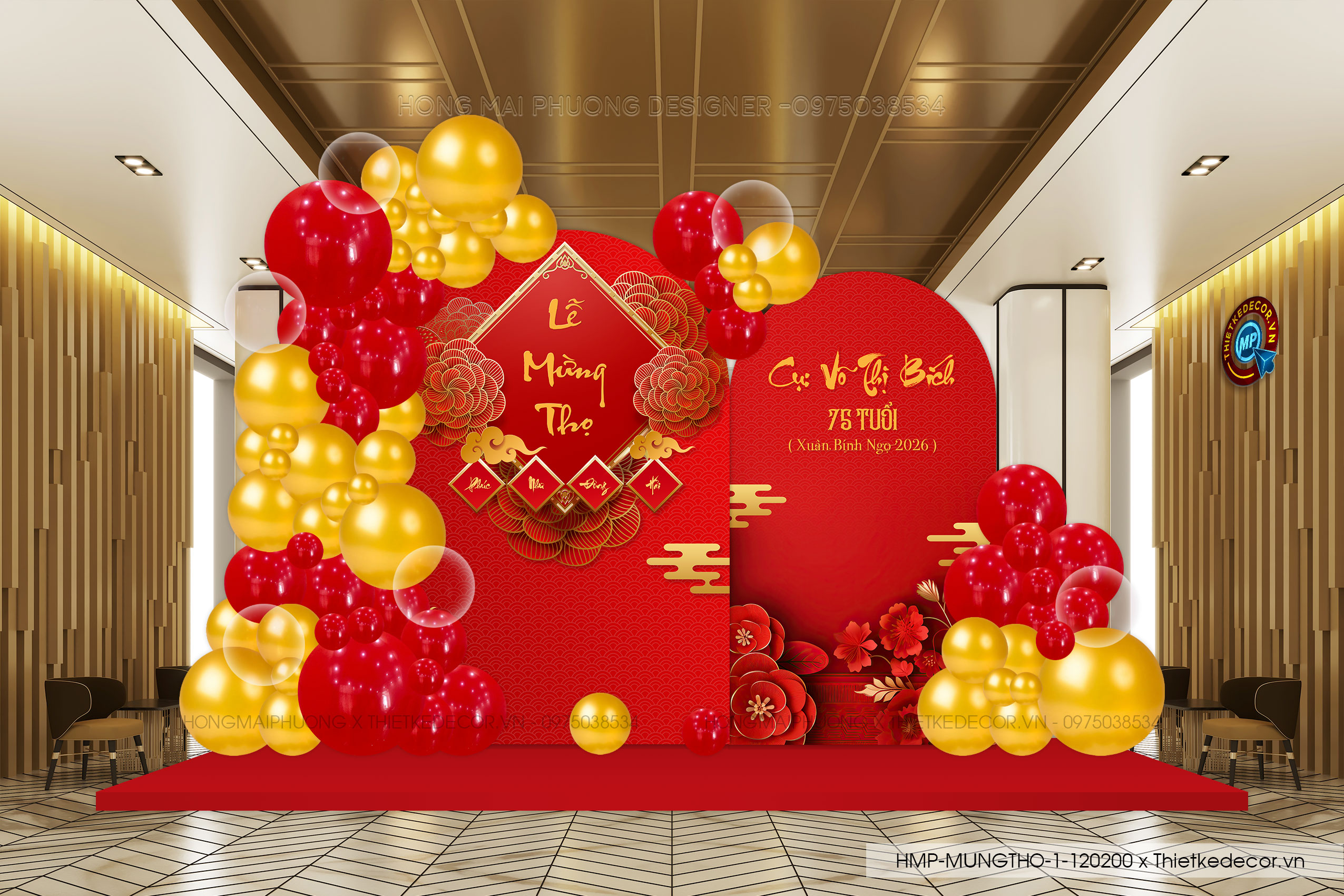 File thiết kế trang trí tiệc mừng thọ tone đỏ vàng sang trọng